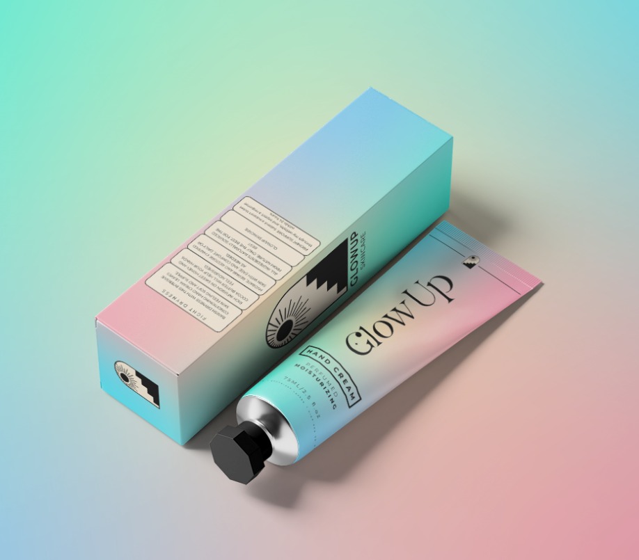 GlowUp hand cream with pastel packaging